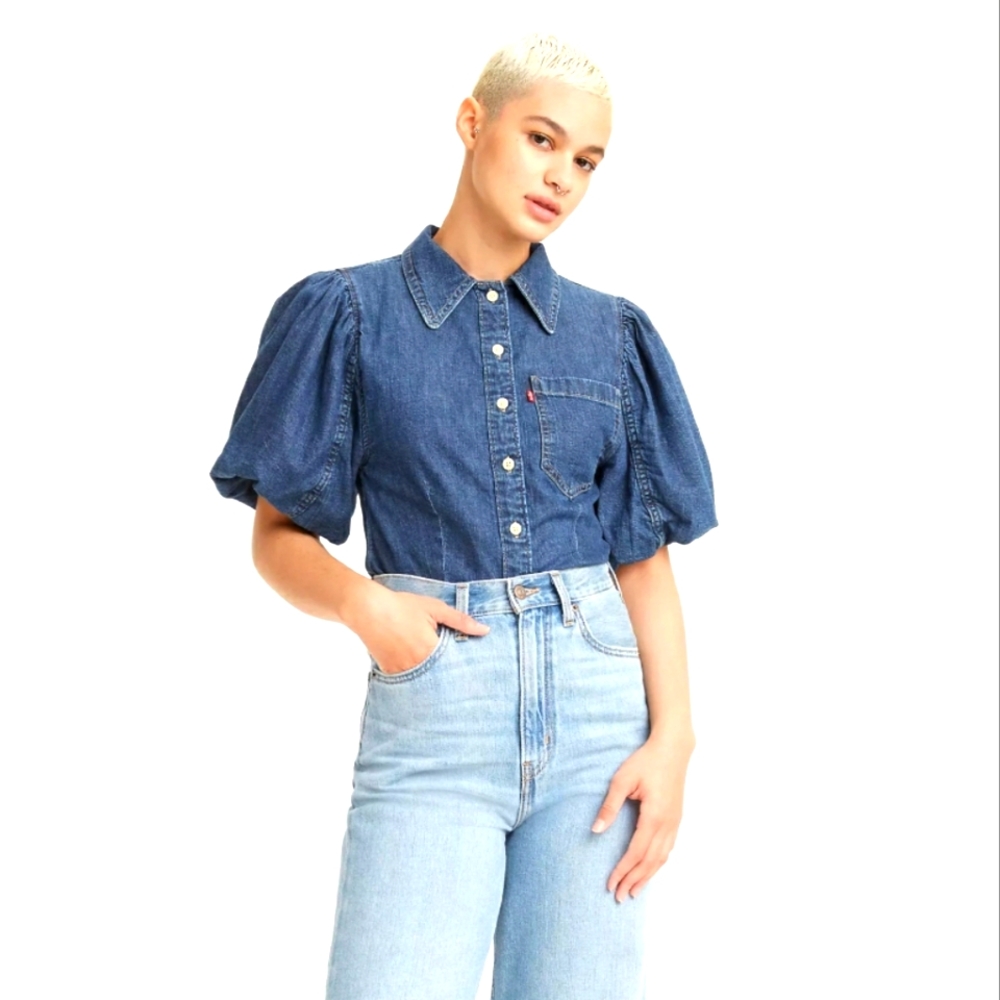 Women's Blue Denim Puff Sleeve Top